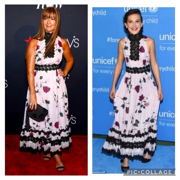 Kate Spade Fall 2016 Pink and Black Rose Eaddy Tiered Midi Dress